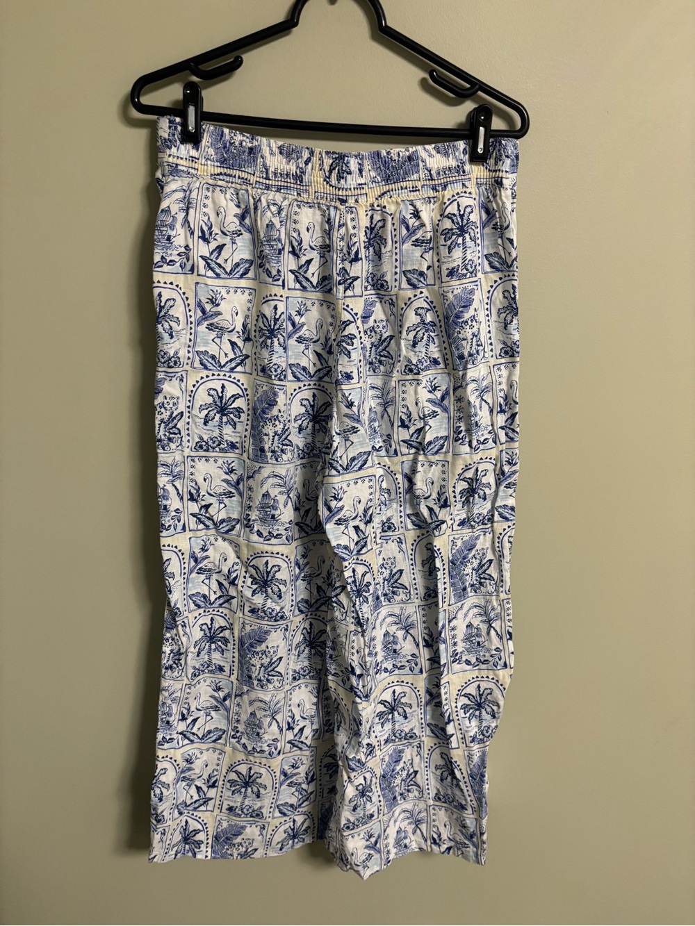 C&C California Trousers Blue 100% Linen Wide Leg Summer Tile Print Relaxed Large